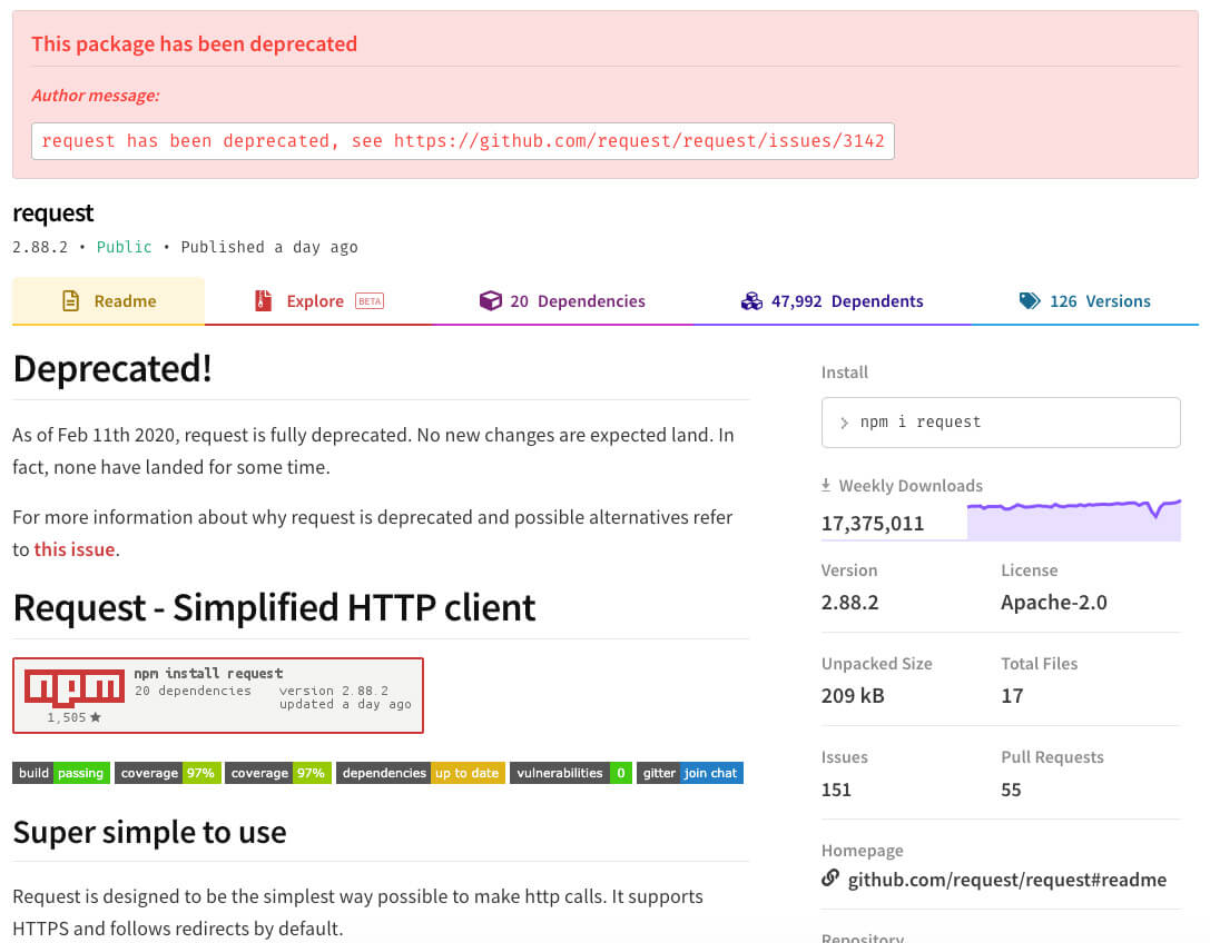 npm request Deprecated